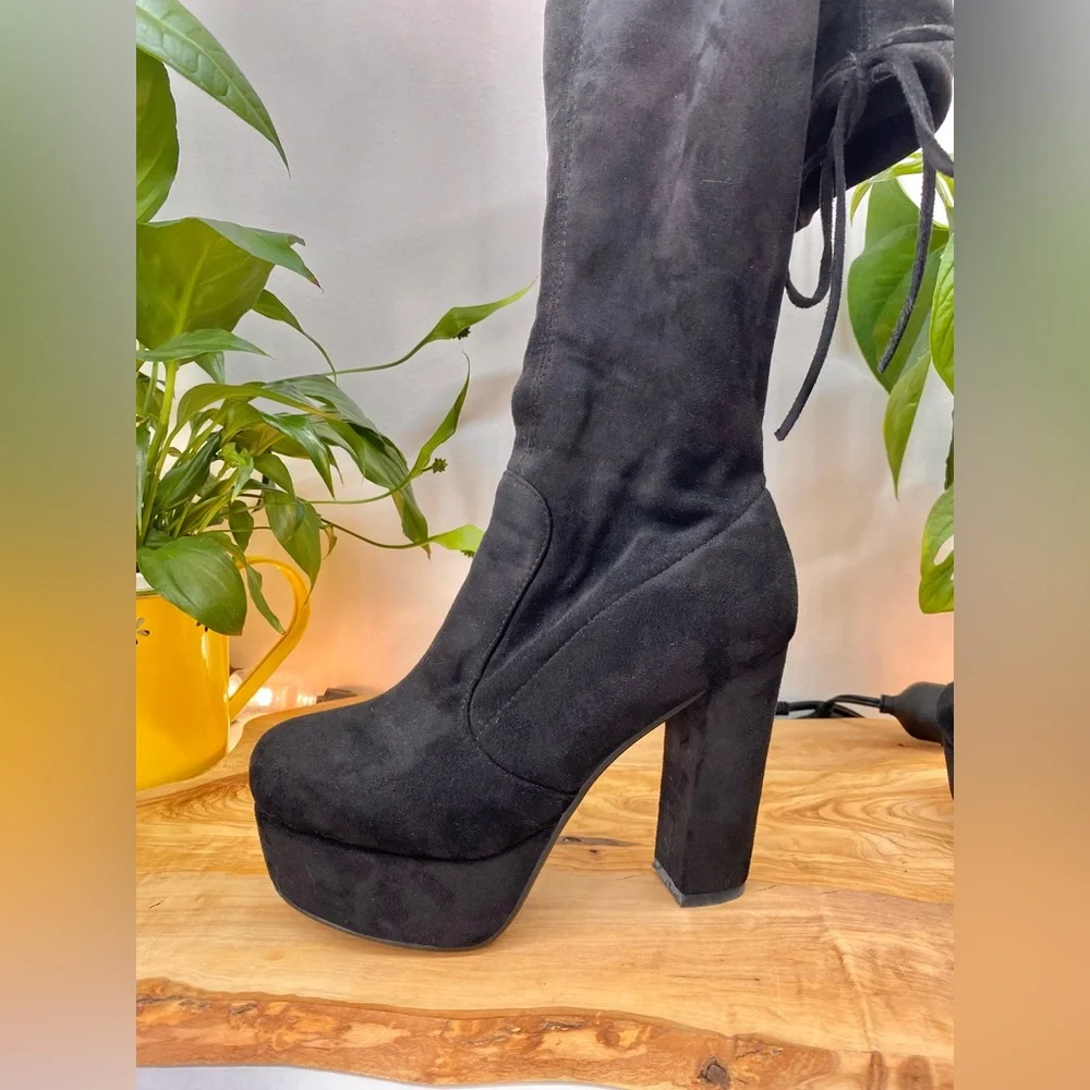 Black Over-the-Knee Velvet Women's Platform Heeled Boots - Picture 6 of 11